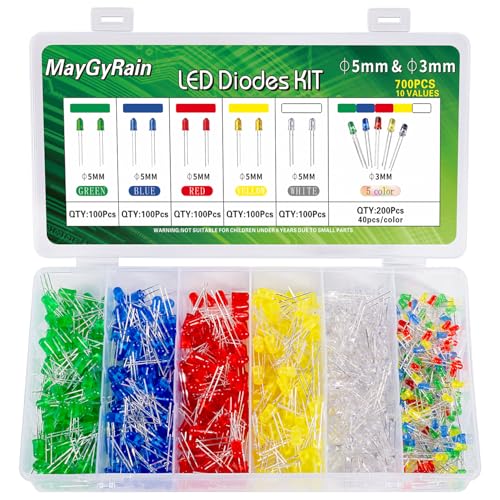 3mm & 5mm LED Diodes Kit,700 Piece 10 Values 5 Color, Light Assortment Kit Low Voltage Circuit Emitting Diodes Bulb Lamp Set, Green, Blue, Red, Yellow, White (5mm-5color-500pcs & 3mm-5color-200pcs) - style: 5mm & 3mm 700pcs(5mm-5color-500pcs & 3mm-5color-