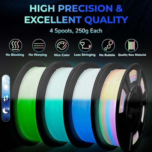 Glow in The Dark PLA+3D Printer Filament, PLA+Filament 1.75 mm, Stronger Lighting Effect, Glow Filament Multicolor for Most 3D Printers, 4 Spools 250g Each - Green, Blue, Blue-Green, Rainbow - color: Green/Blue/Blue Green/Rainbow