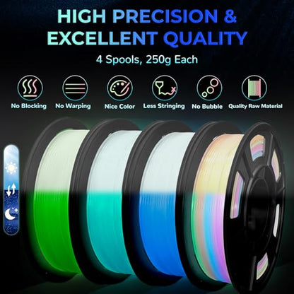 Glow in The Dark PLA+3D Printer Filament, PLA+Filament 1.75 mm, Stronger Lighting Effect, Glow Filament Multicolor for Most 3D Printers, 4 Spools 250g Each - Green, Blue, Blue-Green, Rainbow - color: Green/Blue/Blue Green/Rainbow