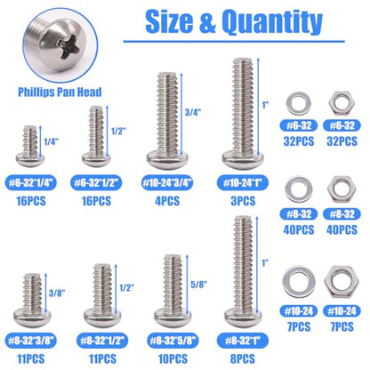 Nuts and Bolts Assortment Kit, 304 Stainless Steel Bolts 8 Sizes #6-32#8-32#10-24 Phillips Pan Head Machine Screws, Assorted Bolts, Nuts and Washers Kit (237PCS) - size: SS #6 #8 #10