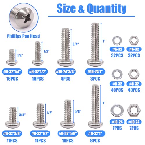 Nuts and Bolts Assortment Kit, 304 Stainless Steel Bolts 8 Sizes #6-32#8-32#10-24 Phillips Pan Head Machine Screws, Assorted Bolts, Nuts and Washers Kit (237PCS) - size: SS #6 #8 #10
