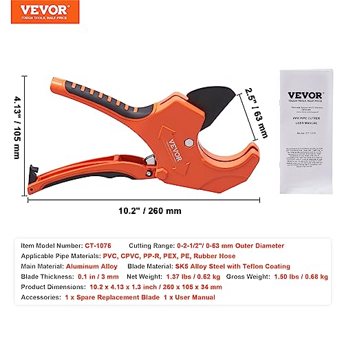 VEVOR PVC Pipe Cutter, Up to 2-1/2" O.D. Ratchet Pipe Cutter Heavy Duty, Professional Tube Cutting Tool with SK5 Steel Blade & Ergonomic Handle, Uses for PVC, CPVC, PP-R, PEX, PE, Rubber Hose - size: 2-1/2" O.D.