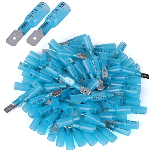 100 PCS 16-14 AWG Waterproof Heat Shrink Quick Disconnect Connectors, Crimp Electrical Wire Male Spade Connectors Insulated Disconnect for Marine Automotive Motorcycle Home Wiring (Blue) - size: [16-14 AWG] Male x 100