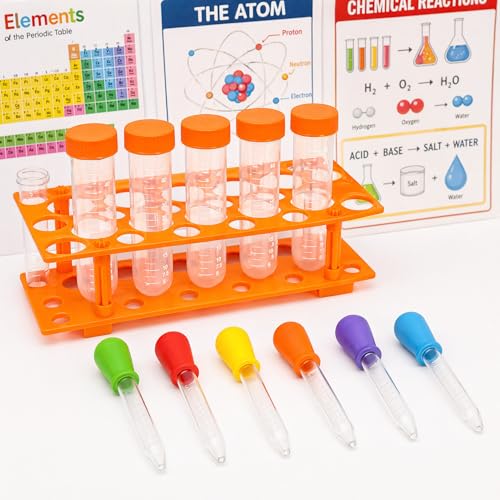 ZENFUN 12 Pieces Jumbo Test Tubes with Stand, Plastic Test Tubes for Primary Science, 5 Pieces Jumbo Test Tubes, 6 Pieces Liquid Droppers Silicone and 1 Piece Storage Stand, Multi-Color