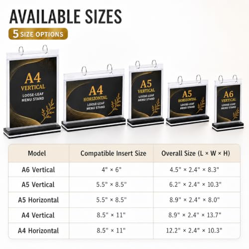 2Pcs Table Flip Menu Holder with 6 Pages Sleeve, 4" X 6" Tabletop Sign Vertical Display Stand with Base, Acrylic PVC Rotating Rack, for Photo, Restaurant, Bar, Job Fair - size: A6, Vertical, 2pcs