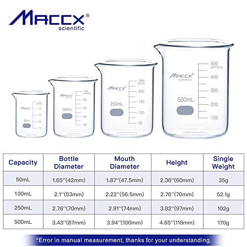 Sturdy Glass Beakers, 4 Sizes of 50ml 100ml 250m 500ml,3.3 Borosilicate Griffin Low Form with Printed Graduation, BKLS03-004 - style: Vol.50ml 100ml 250ml 500ml