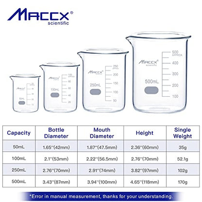 Sturdy Glass Beakers, 4 Sizes of 50ml 100ml 250m 500ml,3.3 Borosilicate Griffin Low Form with Printed Graduation, BKLS03-004 - style: Vol.50ml 100ml 250ml 500ml