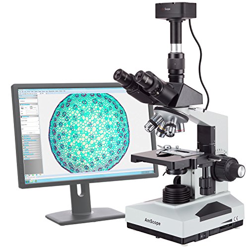 AmScope T490B-5MT Digital Compound Trinocular Microscope, WF10x and WF20x Eyepieces, 40X-2000X Magnification, Brightfield, Halogen Illumination, Abbe Condenser, Double-Layer Mechanical Stage, Sliding Head, High-Resolution Optics, Includes 5MP Camera with