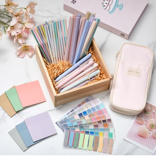 135 Pcs Book Annotation Kit with Pencil Case, 12 Pastel Highlighters, 11 Gel Pens, Fine Marker, 300 Transparent Sticky Notes, 2640 Index Tabs, Bible Study Supplies Kit(Classic,Pink) - color: Pink, style: Classic