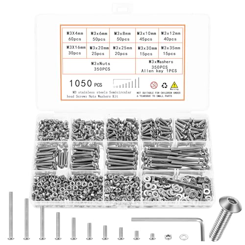 1050 Pcs M3 Screws Kit, M3 Machine Screws and Nuts and Washers Set, Assorted Button Head Socket Cap Screws Nuts and Bolts Assortment Kit, Stainless Steel Metric Screw Assortment, Fully Threaded - size: M3
