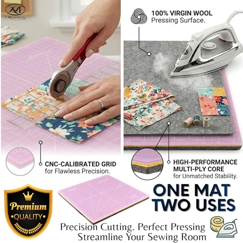 Martelli 12x12 Translucent Press or Cut Mat- Double Sided Professional Self-Healing Rotary Cutting Mat and 100% Wool Pressing Pad for Quilting, Sewing and Precision Fabric Ironing