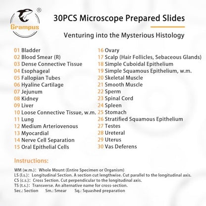 30 Prepared Microscope Slides with Specimens for Kids Students - Histology, for Biological Science Lab, Children's Science Education, Homeschooling Use - style: 30PCS Histology