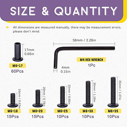 Swpeet 120Pcs M6x16mm/20mm/25mm/30mm/35mm Carbon Steel Black Hex Drive Socket Cap Bolts Barrel Nuts Kit with 1Pcs Allen Wrench, Screw Post Fit for Furniture Countsunk Belt Buckle Leather Binding Bolts - size: M6x16mm/M6x20mm/M6x25mm/M6x30mm/M6x35mm