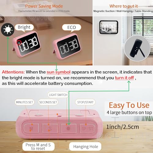 Digital Large Display Visual Timer Stopwatch for Kitchen Teacher School Classroom Cooking, Night Light Magnetic Bathroom Makeup Mirror LED Stop Clock Timer, 99 Minutes Countdown, Loud/Silent (Black) - color: Black
