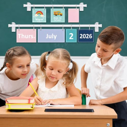 96 Cards Classroom Bulletin Board Decorations Set for Teachers,Flip Calendar with Holder for Classroom,Adjustable Calendar,Preschool Elementary Home Decor Supplies（Blue and Green） - style: Blue and Green