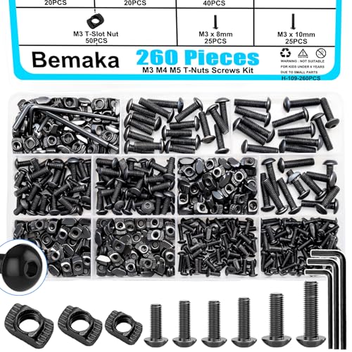 260PCS M3 M4 M5 T Slot Nut Screws Kit, T Nuts and Bolts Assortment Kit for 2020 Series Aluminum Profile, Mlok Screws Nuts Replacement - color: Black-M3 M4 M5