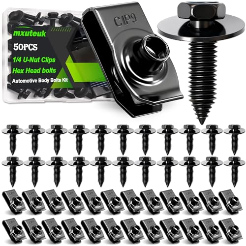 mxuteuk 50PCS 1/4 U-Nut Clips & Hex Head Automotive Body Fender Bolts Kit,for Most Cars Fender,Engine Undertray Cover, Engine Cover & Bumper Fender Liner - color: Black/1/4Inch