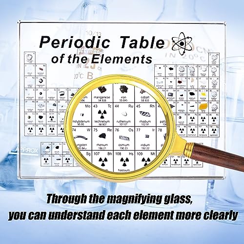 Large Periodic Table with 83 Real Elements Inside, Acrylic Periodic Table of Chemical Elements with Wooden Stand and Magnifying Glass, Periodic Tables Display with Element for Teacher Students - size: 8.3"L x 5.5"W