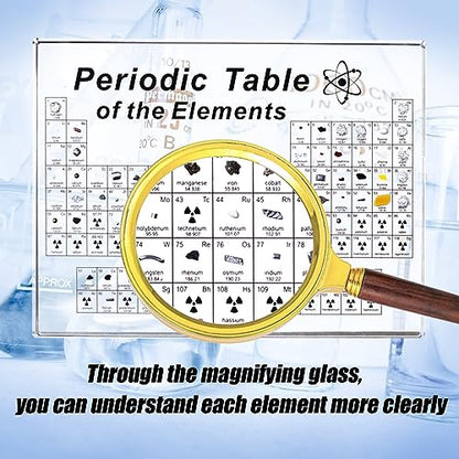 Large Periodic Table with 83 Real Elements Inside, Acrylic Periodic Table of Chemical Elements with Wooden Stand and Magnifying Glass, Periodic Tables Display with Element for Teacher Students - size: 8.3"L x 5.5"W