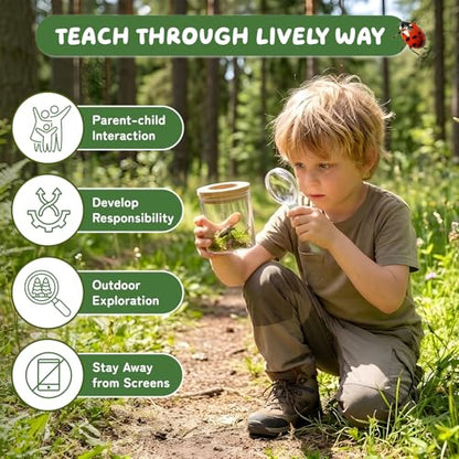 Bug Catcher for Kids, Wooden Bug Catching Outdoor Toys for Ages 4-8, STEM Explorer Activities with Butterfly Net Magnifying Glass Tweezers Insect Habitat Observation Cup Storage Bag Learning Cards