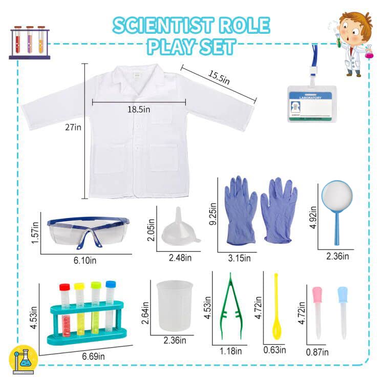 Scientist Costume for Kids, Lab Coat with Science Experiment Kit, Dress Up & Pretend Play for Boys Girls Ages 4 to 8 Years Old