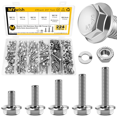 224Pcs M6 Bolt x 12/16/20/25/30mm, M6x1.0 Bolt, Flanged Hex Head Bolts with Flange Nuts Washers, 304 Stainless Steel M6 Screws, Metric Bolt Assortment, DIN 6921 By Mywish - color: Silver, size: 224Pcs M6