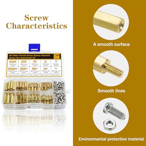 180Pcs M4 Motherboard Standoffs&Screws&Nuts Kit, Hex Male-Female Brass Spacer Standoffs, Laptop Screws for DIY Computer Build, Electronic Projects, Raspberry Pi, Circuit Board etc. - size: M4