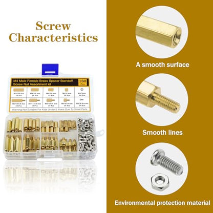 180Pcs M4 Motherboard Standoffs&Screws&Nuts Kit, Hex Male-Female Brass Spacer Standoffs, Laptop Screws for DIY Computer Build, Electronic Projects, Raspberry Pi, Circuit Board etc. - size: M4