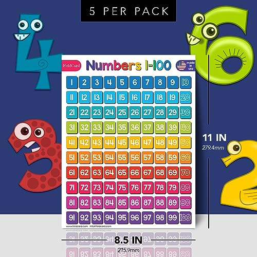 FoldCard Numbers 1-100 Chart Educational Poster 8.5x11 5pk - color: Numbers 1-100