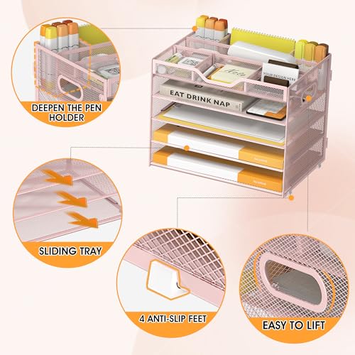 5 Tier Paper Letter Tray Desk Organizer with Pen Holders - Pink - color: 5 Tier-Pink, size: 12.5" x 9.1" x 10.3"