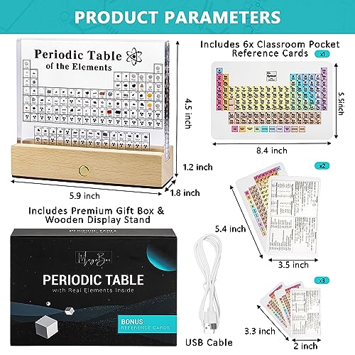 MegaBox Periodic Table Of Elements with 83 Real Elements, Acrylic Periodic Table Display With Wooden Stand, 6x Chemistry Formula Reference Cards, Science Teacher Gift Classroom Decoration - size: 6"L x 4.5"W