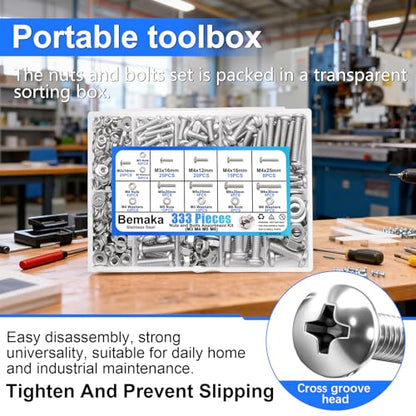 333Pcs Machine Screws Nuts and Bolts Assortment Kit, Stainless Steel Bolts 9 Sizes M3 M4 M5 M6 Phillips Pan Head Screw Assortment Kit for Furniture, Automotive, Appliance Repair, DIY Projects - size: SV M3 M4 M5 M6