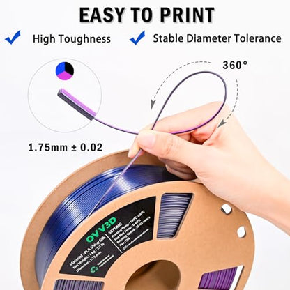 OVV3D PLA Filament 1.75mm Tri-Colors, 3D Printer Filament Silk PLA Filament, Rainbow PLA Filament with Silk PLA Black Blue and Purple, 3D Printing Filament +/-0.02mm, 1kg/2.2lbs - color: Tri-color Black Blue Purple