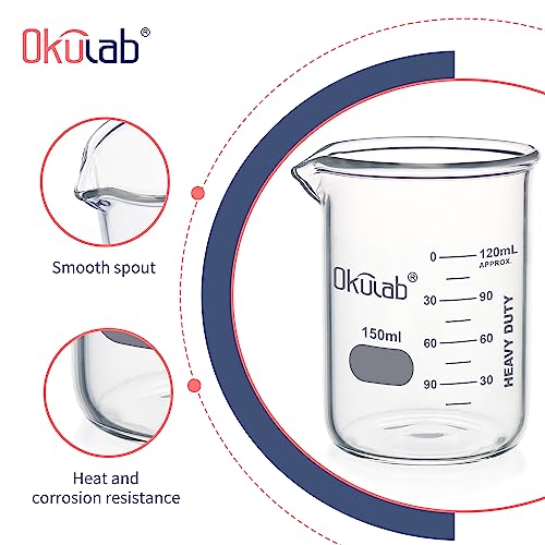 Glass Beakers, Heavy Duty, with Double Scale Printed Graduation. 12pcs of Vol.150ml, HBKG150C12 - style: 12pcs of 150ml