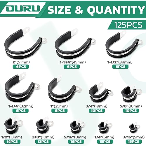 OURU 125PCS Cable Clamps Assortment Kit,Rubber Coated, 1/4"-2" 12 Sizes - size: 125 PCS - 12 Sizes
