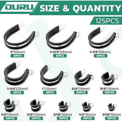 OURU 125PCS Cable Clamps Assortment Kit,Rubber Coated, 1/4"-2" 12 Sizes - size: 125 PCS - 12 Sizes