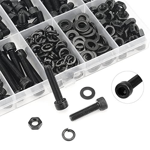 HELIFOUNER 240 Pieces M5 x 6mm /8mm /10mm /12mm /16mm /20mm /25mm, Hex Socket Head Cap Screws Bolts Washers Nuts Kit, 12.9 Grade Alloy Steel, Full Threaded, Black - size: M5, style: Socket Head