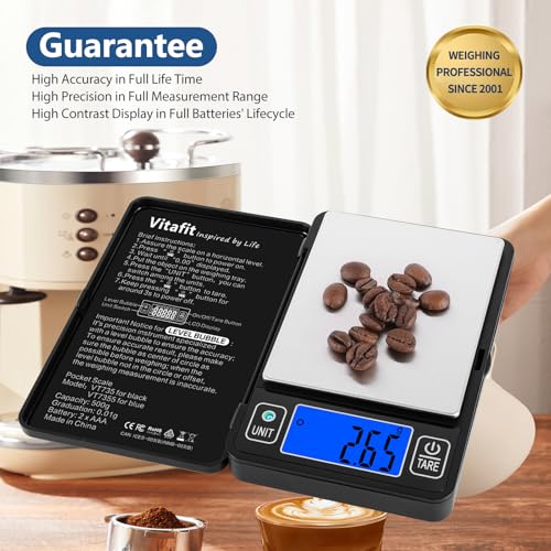 Vitafit 500g Digital Gram Scale in 0.01g, High Accuracy Assured by Built-in Level Bubble, Scale Professional Since 2001, Pocket Scale for Multi-Function: Kitchen, Food, Jewelry, Lab, Coffee, Black - size: 4.8 x 3.3in