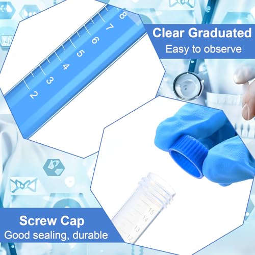 Konohan 500 Pcs 15 ml Centrifuge Tubes Sterile Plastic Test Tubes with Screw Caps Polypropylene Vial Container with Graduated Marks and Round Bottom for Laboratory Blue