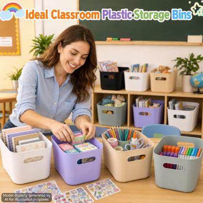 6 Pack Large Plastic Book Bins for Classroom with Composition Label Stickers Large Stackable Toy Storage Baskets Boxes Book Storage Bins for Back to School Library Home Office Organization Supplies