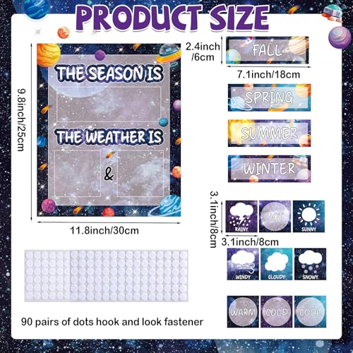 Outer Space Galaxy Season and Weather Calendar Bulletin Board Season Calendar Posters with Weather Cards Hook and Loop Dots for Classroom Wall Decor Preschool Kindergarten Student Teacher Supplies - style: Outer Space Galaxy