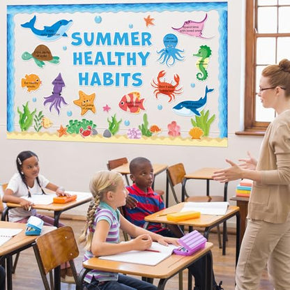 Summer Healthy Bulletin Board Set Ocean Animals Health Habits Classroom Decorations Back to School Paper Cutouts Under the Sea Bulletin Board Borders for School Nursery Home Office Wall Door Decor - style: Summer Healthy