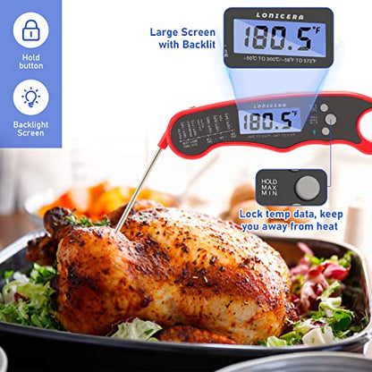 LONICERA Digital Meat Thermometer, 1-4 s Instant Read, Foldable Probe, Red