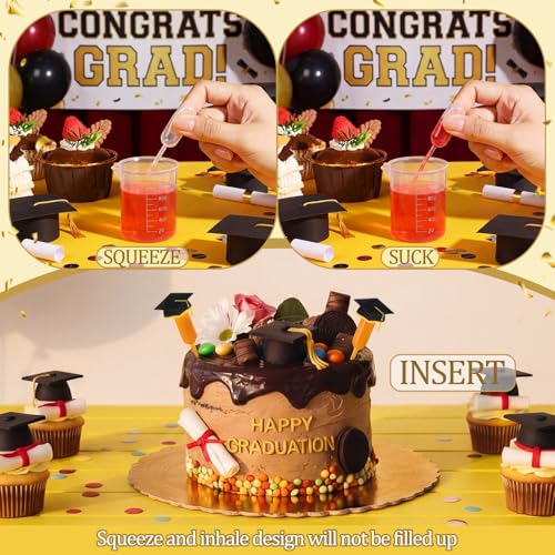 Glenmal 48 Sets 4ml Graduation Cupcakes Pipettes, Plastic Pipettes Dropper for Cupcakes with Grad Caps Disposable Mini Flavor Liquor Infuser Squeeze Dropper for Cupcake Ice Cream Grad Decoration - style: Graduation