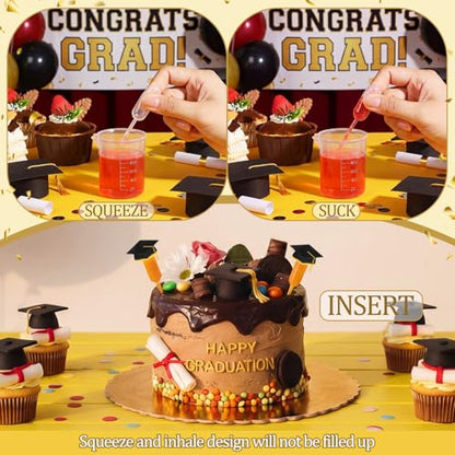 Glenmal 48 Sets 4ml Graduation Cupcakes Pipettes, Plastic Pipettes Dropper for Cupcakes with Grad Caps Disposable Mini Flavor Liquor Infuser Squeeze Dropper for Cupcake Ice Cream Grad Decoration - style: Graduation