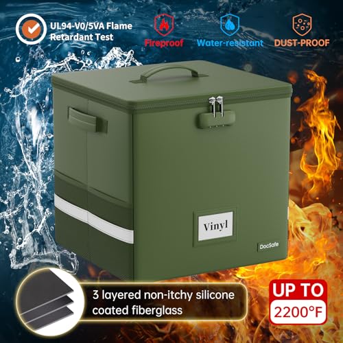 DocSafe Vinyl Record Storage Box with Lock, Fireproof＆Water Resistant Record Organizer for 100+ Single Records(12-inch), Collapsible Storage Crate with Lid&Handles for Valuable Album Collection,Green - color: Green, size: 13"x13"x13", 1 pack