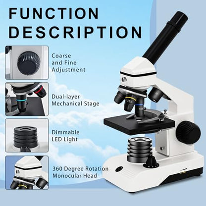 M2 Dual Power Supply Compound Monocular Microscope 40X-2000X for Adults & Students All-Metal STEM Lab Kit with Glass Optics, Dual LED, Slides & Carry Case