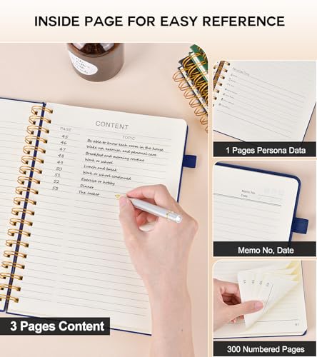 PERCUN B5 Spiral Notebook 300 Numbered Lined Pages Hardcover Journal 7"x10" - color: Navy, size: B5 size (7in x 10in)