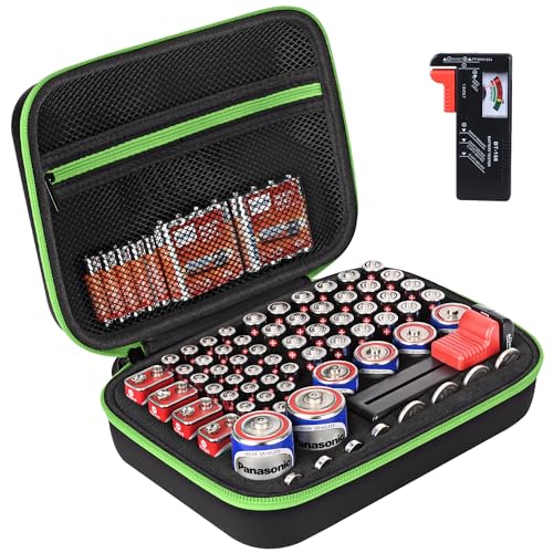Battery Organizer Storage Case with Tester,69 Slot for AAA AA C D 9V Button - color: 69-Slots (Black-Green)