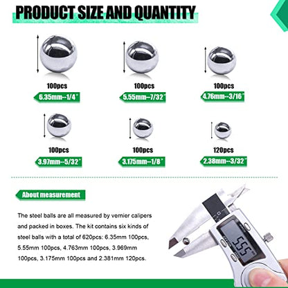 KNLN/620PCS 6 Size Bicycle Bearing Balls Stainless Steel Precision Steel Balls Stainless Steel Assorted Loose Kit 1/4" 7/32" 3/16" 5/32” 1/8" 3/32" N-037-620PCS - size: 620PCS-6 SIZE-1/4"-3/32"